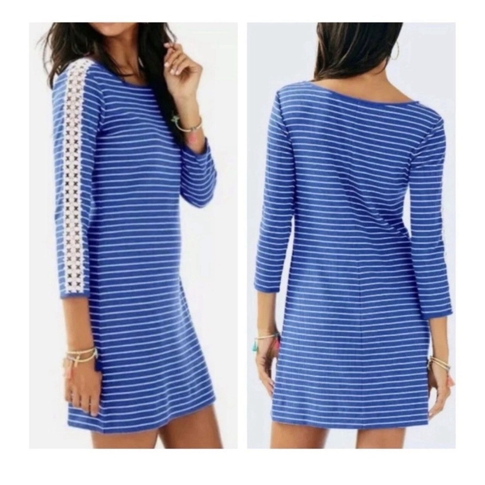 Lilly Pulitzer Marlowe Modal Crochet Sleeve Dress Beckon Blue Breeze Stripe S